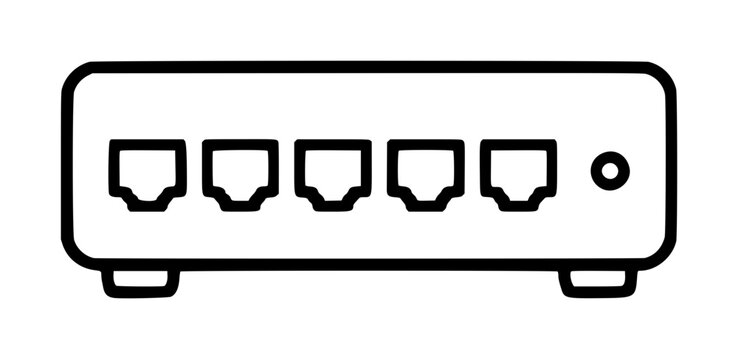 Minimalist vector icon illustration of an Ethernet network hub switch with five connected ports and indicator light, hand-drawn outline style on white background