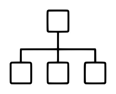 Hand-drawn vector icon illustration of an organizational chart hierarchy showing one rounded square node connected by lines to three subordinate child boxes below, minimalist black outline