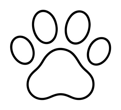 Minimalist hand drawn paw print vector icon illustration, black outline animal footprint silhouette with four toe pads on white background