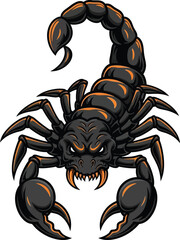 Aggressive black scorpion with fierce expression and raised stinger a detailed cartoon vector illustration perfect for gaming logos sports mascots or powerful brand identity designs