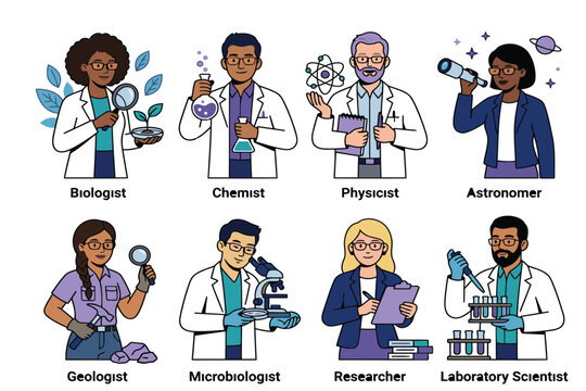 Illustrated scientists with tools and equipment