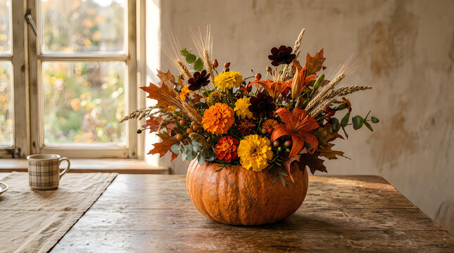Beautiful autumn flower arrangement inside a pumpkin for halloween decoration
