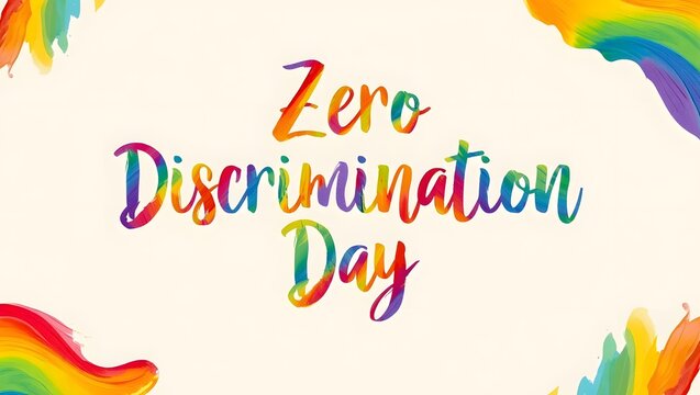 Zero discrimination day poster with colorful watercolor rainbow lettering, discrimination