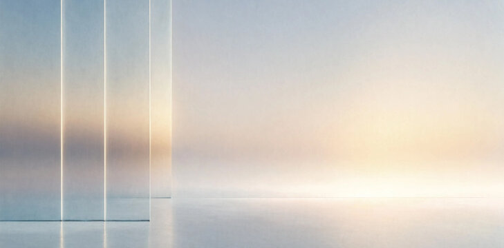 Soft abstract background featuring vertical translucent glass panels with warm sunset light diffusion and a clean reflective surface translucent abstract background gradient reflection