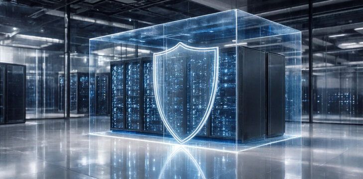 Cybersecurity data protection server concept with glowing digital shield cybersecurity protection technology infrastructure security datacenter information computing internet hardware