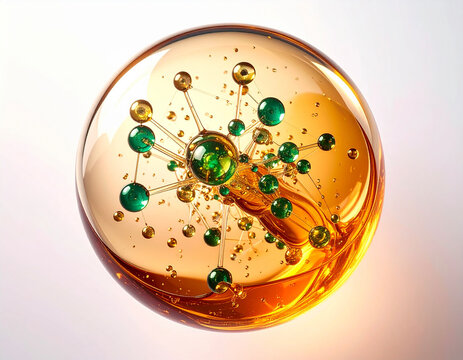 High-precision 3D abstract of nanomaterials and luminous polymer chains with golden bokeh