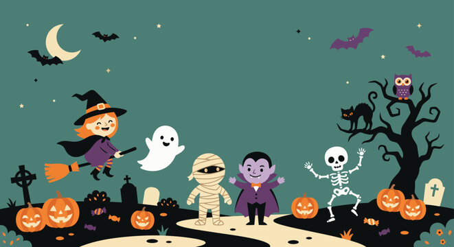 Cute cartoon characters celebrating halloween background vector illustration featuring a witch ghost mummy vampire and skeleton