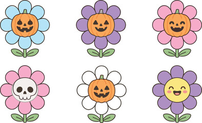 Fototapeta premium Cute pastel halloween flower vector set featuring kawaii pumpkin center flowers skull flower and happy daisy illustration