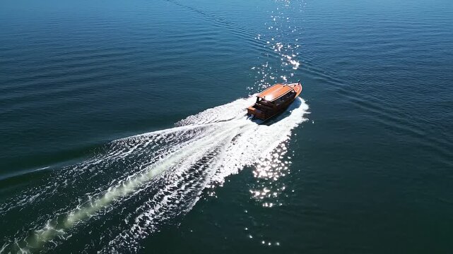 Aerial view of a classic wooden boat cruising on calm blue water with sun glint reflection