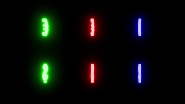 4K loop animation video of neon currency exchange, finance, euro and dollar symbols set: red, green, blue on dark black background, economic data, market, stock, statistics, trading and analytics