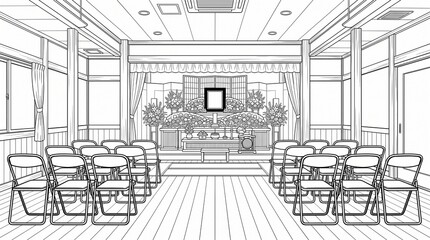 Fototapeta premium Japanese Funeral Hall with Flower Altar Manga Background