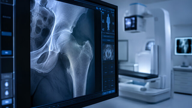 Osteopenia bone X-ray radiology concept showing early loss of bone density on diagnostic monitor in a clinical imaging room for healthcare, medical education, radiology, and patient education use