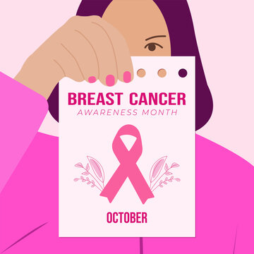 Woman holding a calendar page with Breast Cancer Awareness Month pink ribbon symbol. Vector flat illustration. Support, campaign, solidarity, healthcare, wellness concept.