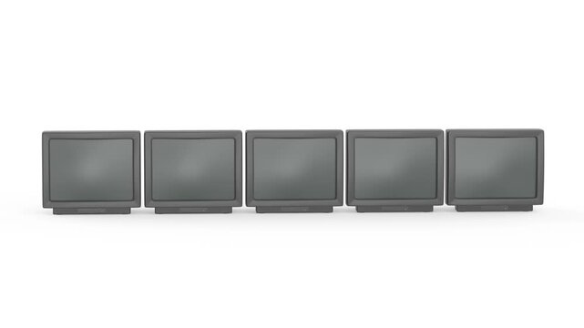 Five CRT TV's in a row on white background