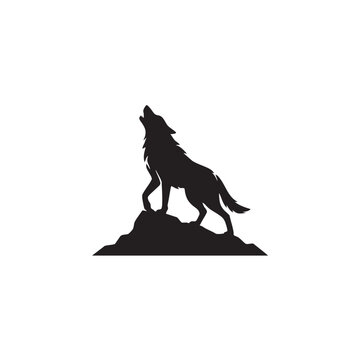 Silhouette of a lone wolf howling at the moon while standing on a rocky mountain peak for a wild nature inspired vector logo design