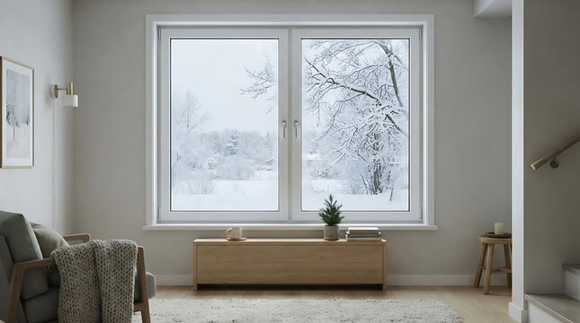 Cozy living room with large windows showcasing winter snowfall. Modern interior featuring stylish furniture and natural light.