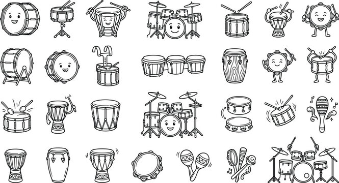 Cute Musical Drums and Percussion Instruments Line Art Icon Set Featuring Kawaii Drum Kit, Congas, Tambourines, Maracas, and Timpani Vector Graphic Designs