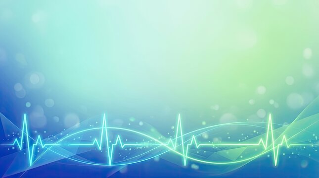 A vibrant, abstract background features a stylized heartbeat line overlaid on a gradient of blue and green hues.