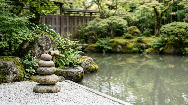 A serene Japanese garden features a stone water basin with a bamboo spout, surrounded by moss-covered rocks and lush greenery.