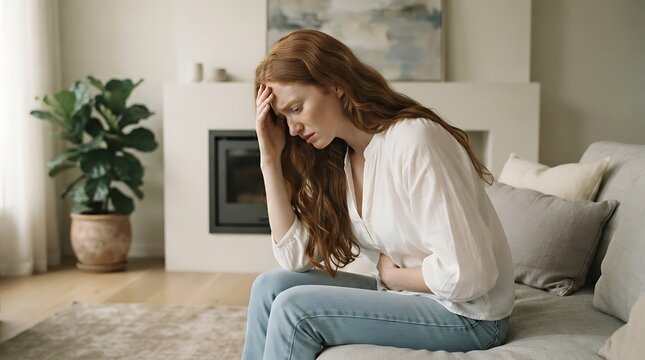 Stressed young woman resting her head on couch. Emotional female sitting alone in cozy living room.