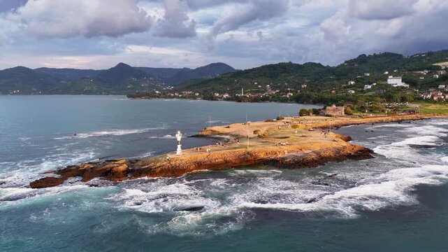 Aerial drone panorama landscape of Yason Burnu (aka Cape Yason) and its lighthouse. Located at Persembe, Ordu, Black Sea region of Turkey