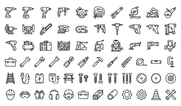 Power Tools Outline Icons Editable Stroke Workshop Vector Set