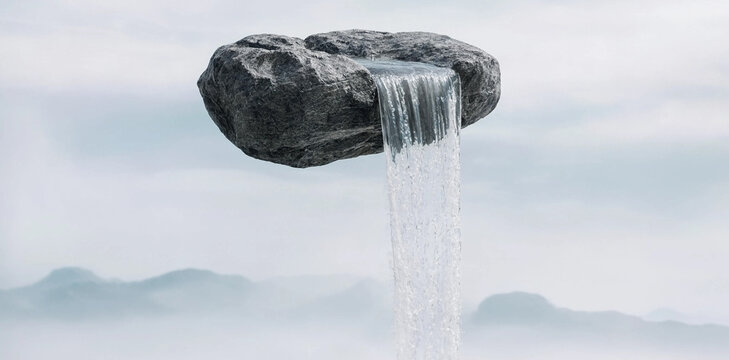 Abstract surreal floating rock with water pouring down against white misty sky waterfall floating abstract minimalist levitating conceptual landscape mystical dreamlike peaceful
