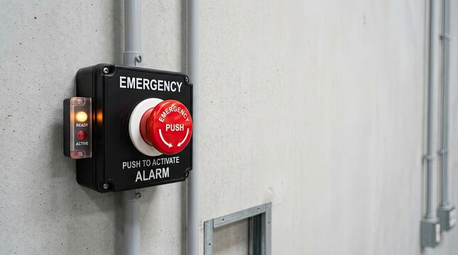 An emergency push button is mounted on a concrete wall. The button is labeled "EMERGENCY" and features a red push button and a green indicator light.