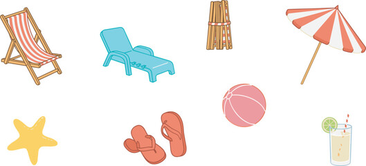 Summer beach vacation and relaxation elements vector illustration set featuring sun loungers striped umbrella flip flops ball cocktail and starfish isolated on white background