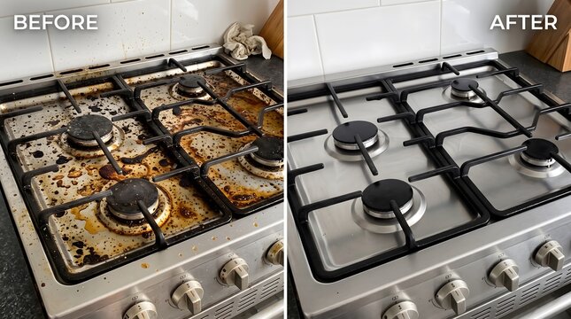 Stovetop comparison showing before and after deep cleaning process for stainless steel kitchen appliance surfaces