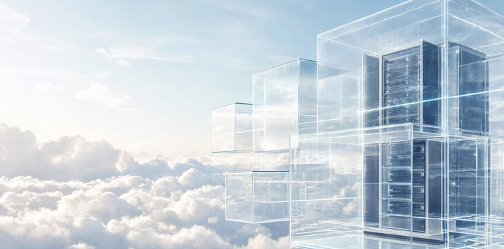 Futuristic glass building towers floating above a sea of clouds representing digital connectivity with high rise architecture building technology abstract structure connection corporate