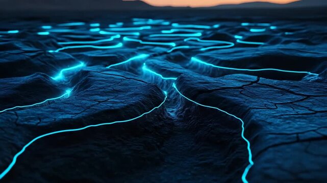 Glowing blue light lines on dark cracked desert ground
