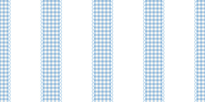 Coquette lace and gingham seamless pattern background. Vintage vertical blue lacy stripes. Scolloped cute frame border.  Elegant pastel fabric texture. Girly decoration edge. Vector illustration
