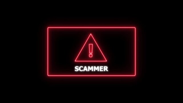 Cyber security warning sign featuring a glowing red neon scammer alert with an exclamation mark triangle symbol for online fraud prevention, digital safety, identity theft protection, and internet