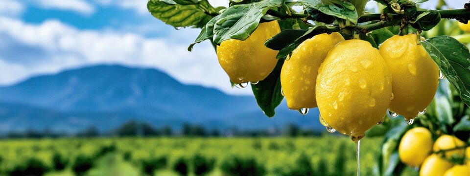 Des citrons jaunes et humides sur une branche, avec des gouttelettes d'eau accroch&eacute;es, vaste plantation de citronniers s'&eacute;tendant vers une cha&icirc;ne de montagnes lointaine et floue, vue panoramique.