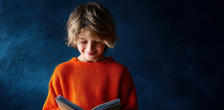 Un jeune gar&ccedil;on souriant aux cheveux ch&acirc;tain clair et v&ecirc;tu d'un pull orange vif, regardant un livre, arri&egrave;re-plan constitu&eacute; d'un mur bleu fonc&eacute; textur&eacute;, image avec espace pour texte.
