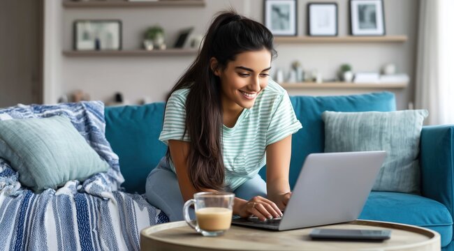 Jeune femme aux longs cheveux bruns, souriant assise sur un canap&eacute; bleu et travaillant sur un ordinateur portable pos&eacute; sur une table basse avec tasse de caf&eacute;, symbolisant un employ&eacute; en t&eacute;l&eacute;travail.