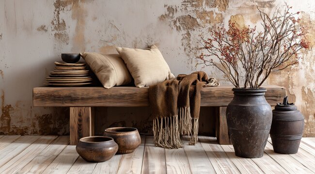 Int&eacute;rieur &agrave; l'esth&eacute;tique rustique avec un banc en bois brut avec des coussins beiges, une pile d'assiettes et un plaid marron, au sol des bols en c&eacute;ramique et deux vases garnis de branches s&egrave;ches.