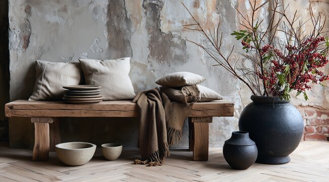 Pi&egrave;ce d'habitation rustique avec un banc en bois brut avec des coussins beiges, une pile d'assiettes et un plaid marron, au sol des bols en c&eacute;ramique et deux vases garnis de branches s&egrave;ches.