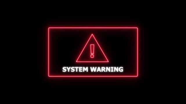 Animated system warning alert sign with glowing red neon frame and exclamation mark triangle for cybersecurity, software error notifications, digital security breach, and critical technology interface
