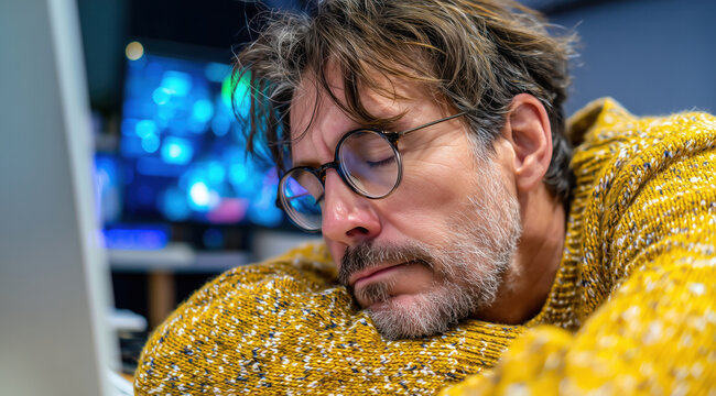 Un homme &acirc;g&eacute; de 45 ans portant des lunettes et un pull jaune &agrave; motifs dormant devant son ordinateur au bureau, visage de profil, concept de surcharge mentale.