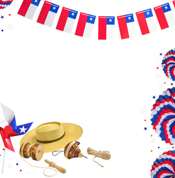 Chilean independence day celebration featuring flags, chupalla hat, trompo, and embolao games on transparent background