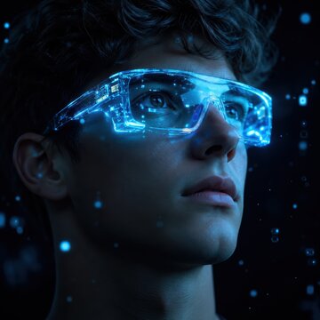 Futuristic Vision: A young man gazes into the future wearing advanced digital glasses, surrounded by glowing blue particles, symbolizing innovation and technological advancement.
