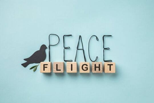Peace flight concept represented by a dove silhouette and wooden letter blocks on a pastel blue background