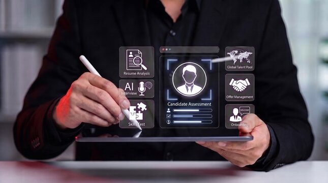 ai powered recruitment and candidate assessment system. hr professional using digital tablet interface for resume analysis, interview screening, skills evaluation, and efficient talent selection proce