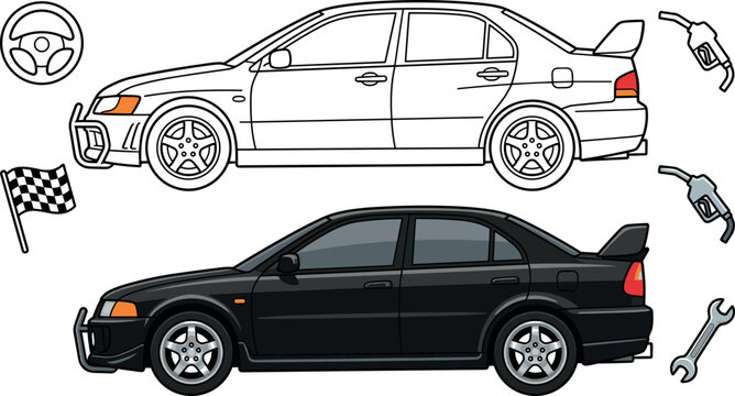 Japanese Sports Sedan Car Vector Illustration Set with Racing Elements and Automotive Maintenance Icons for Coloring Book Design and Graphics