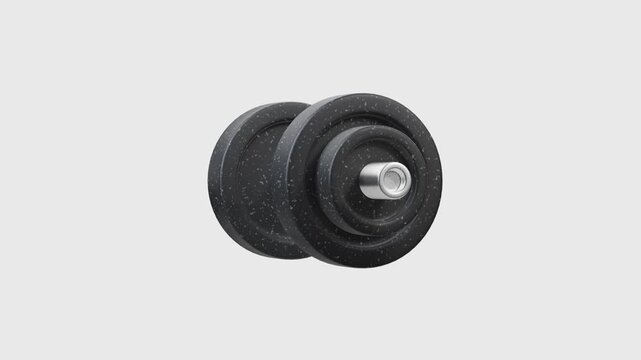 3D render of black dumbbells with silver handles and speckled weights, isolated on transparent background, alpha channel. for fitness, gym training, strength workout, bodybuilding. looped animation