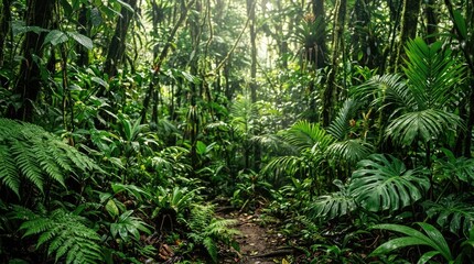 Naklejka premium Sunlight filters through a dense, vibrant rainforest. A narrow path winds its way through the lush vegetation, disappearing into the depths of the jungle.