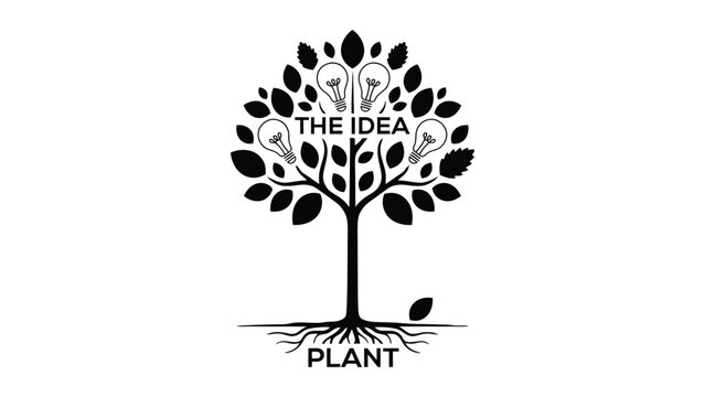 Black and white of a tree with light bulbs as leaves, representing the concept of the idea plant on a plain white background