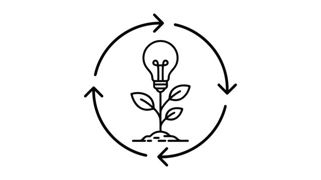 Black line of a light bulb growing from a plant, surrounded by a circular arrow, representing sustainable ideas on a white background
